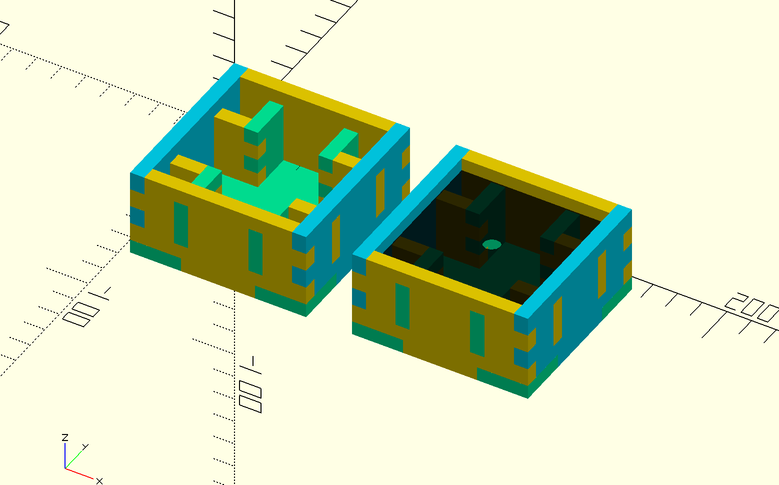 OpenSCAD render of an assembled knobbox v1