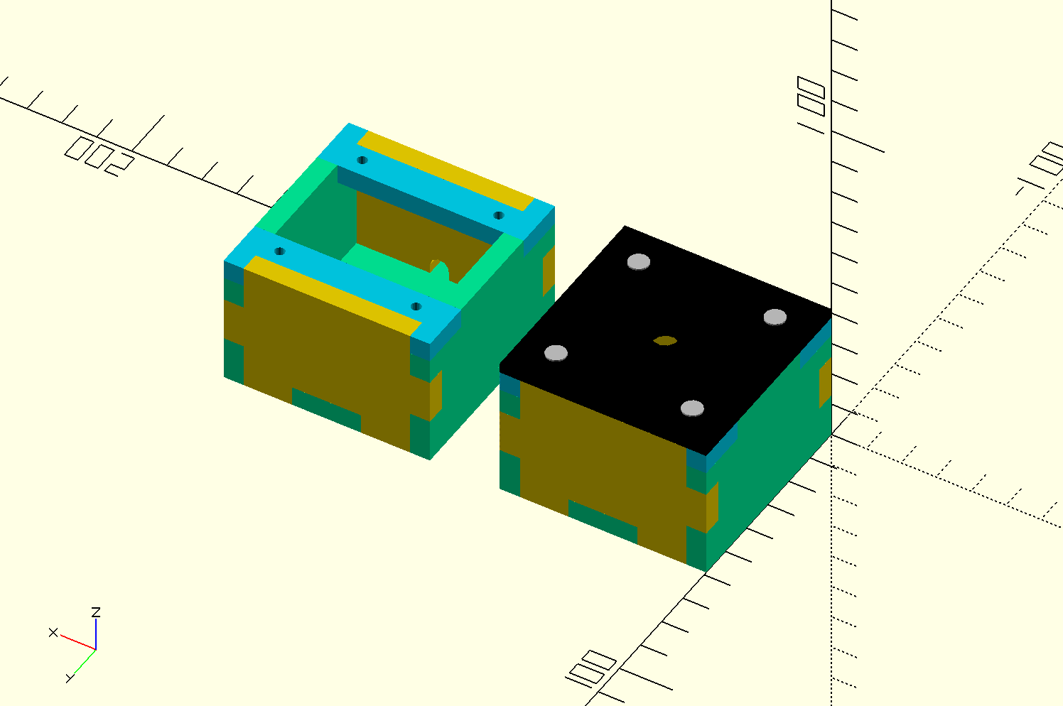 OpenSCAD render of knobbox v2 in 3d and 2d layout