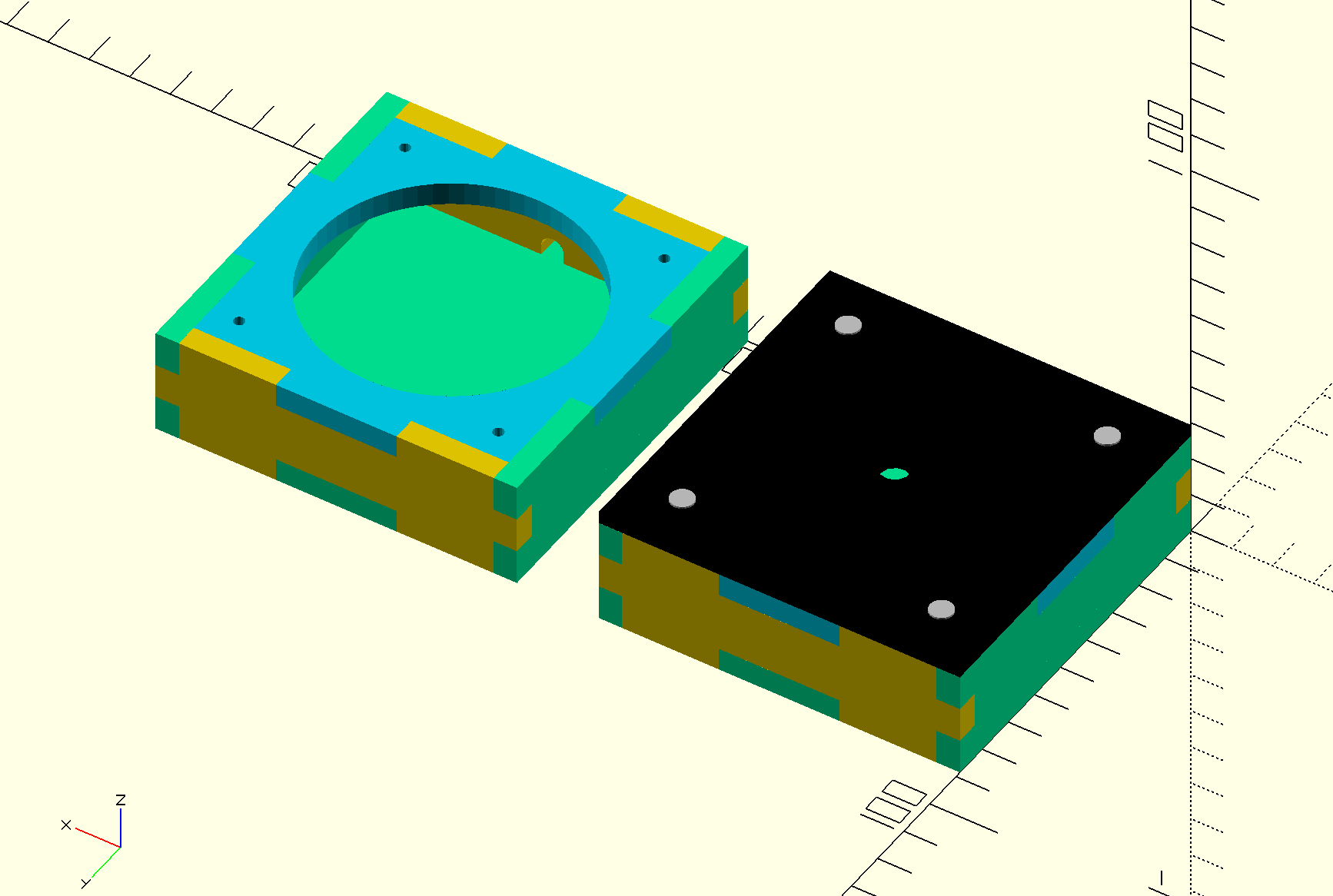 OpenSCAD render of knobbox v3 in 3d and 2d layout